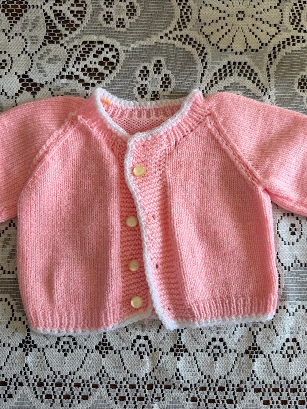 Pink Baby Knit Cardigan Sweater with White Trim